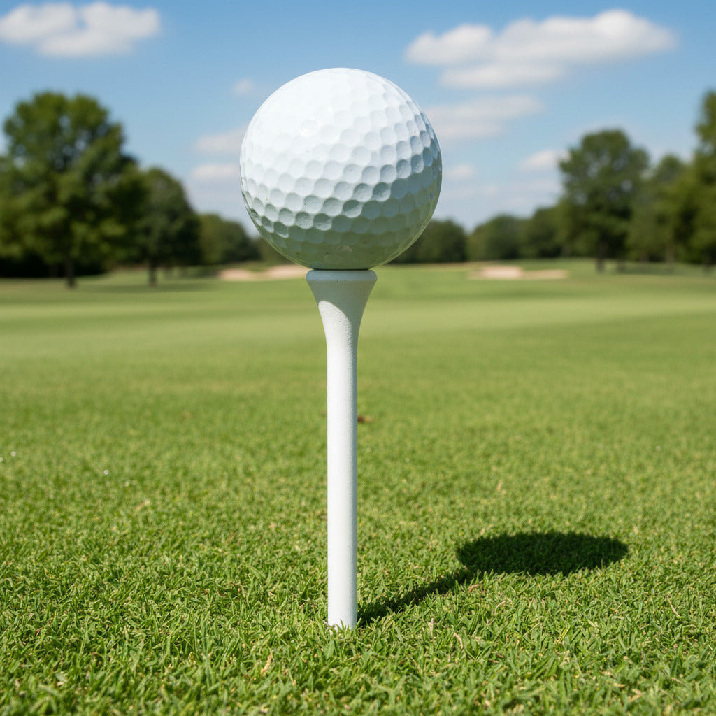 White Golf ball on a tee on the tee box. 
